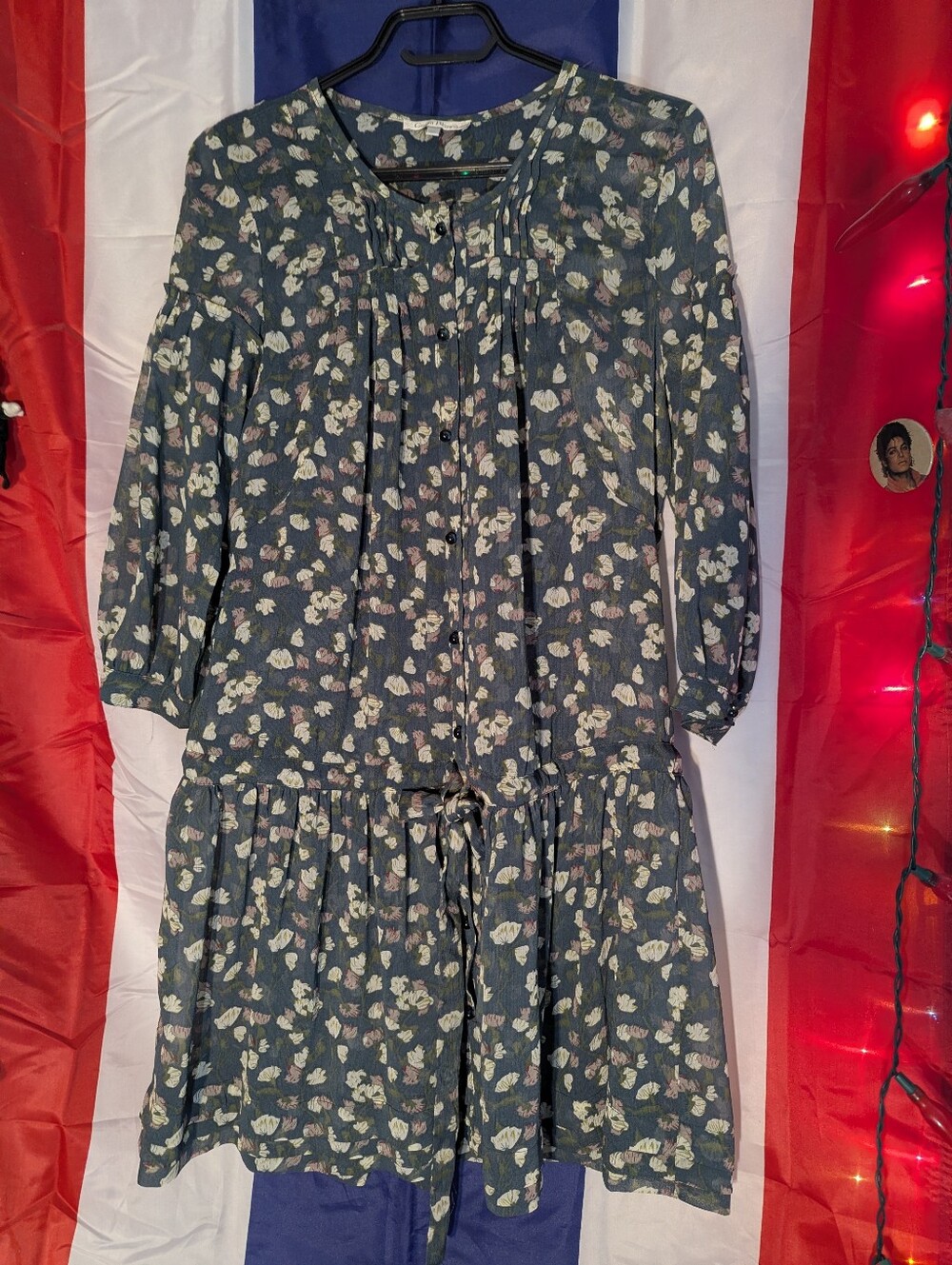 Costa Blanca Charcoal Floral Drop Waist Tunic Dress Size M Puff Sleeve